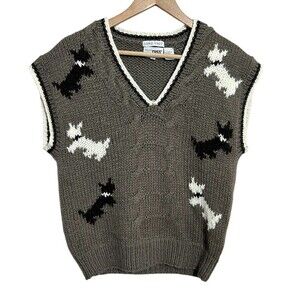 VTG Russ Chunky Knit Sweater Vest M Scotty Dog Terrier Wool Blend Hong Kong